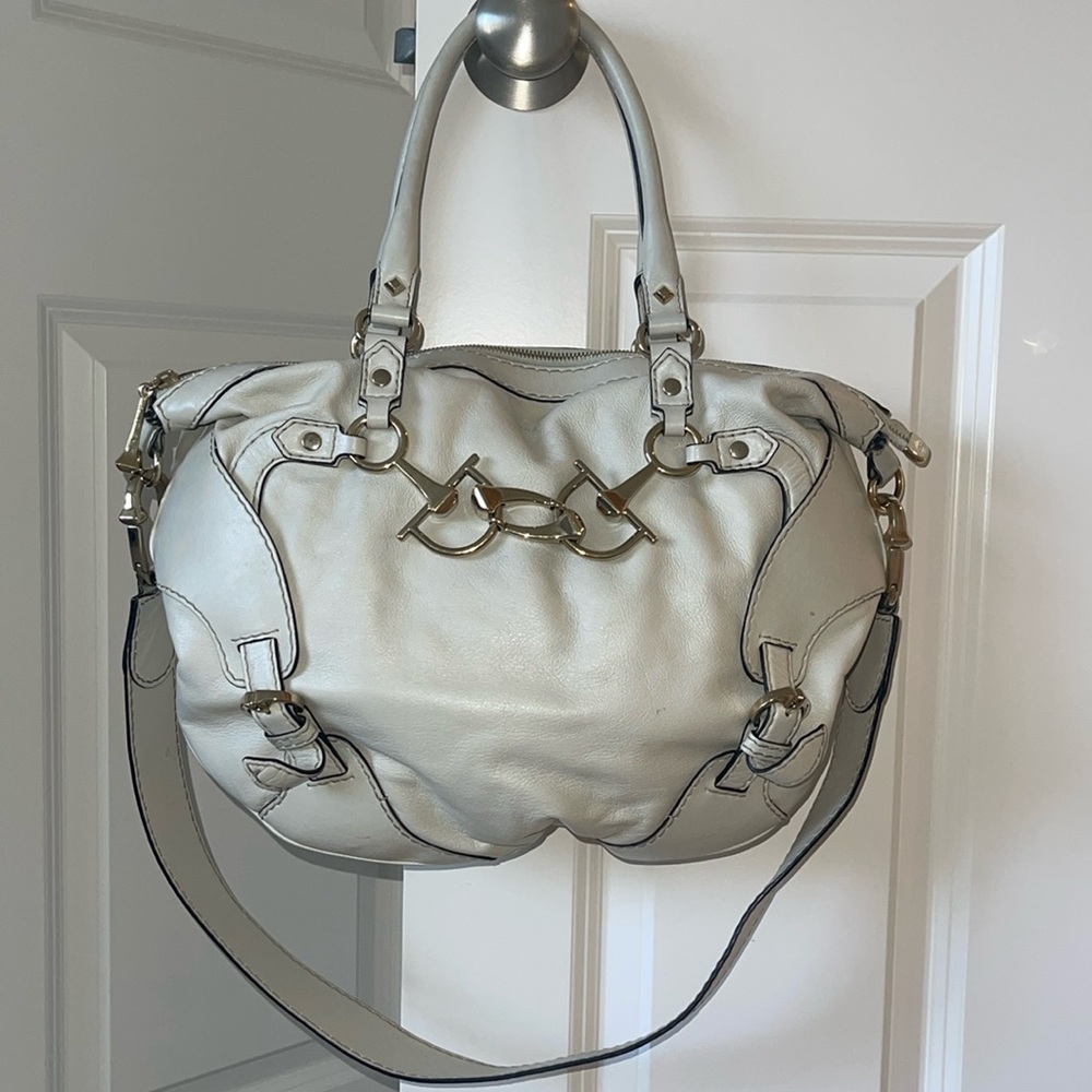 Authentic Gucci Horsebit Nail Satchel in Off-White Leather